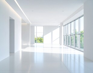 Obraz premium Empty modern office space bathed in sunlight