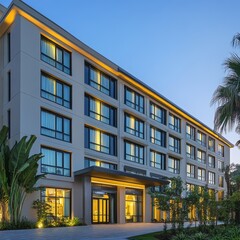 Modern hotel building exterior at dusk with illuminated windows and entrance surrounded by lush greenery