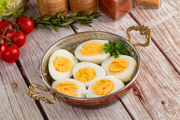 Boiled chicken eggs with bright yolk
