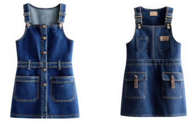 Two stylish denim pinafore dresses are displayed against a transparent background perfect for a childrens fashion collection