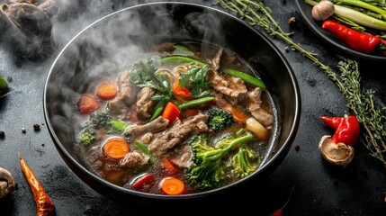Fresh Vegetable and Meat Soup with Herbs and Spices in Bowl