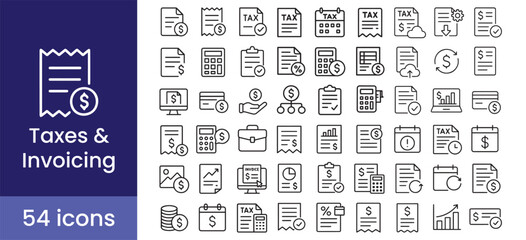 Tax and invoice icon set for business finance, including payment, money, report, calculator, and receipt symbols