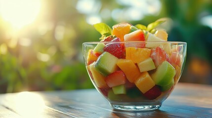 Fresh Colorful Fruit Salad in Clear Glass Bowl on Wooden Table