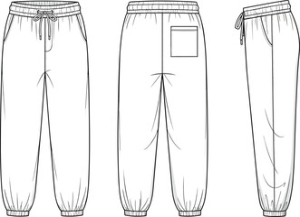 CAD drawing flat vector illustration of jogger pants, front back side views, elastic waist, pocket, fashion sketch for branding