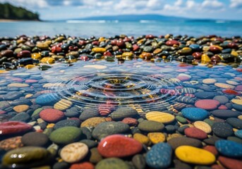 Obraz premium Colorful Pebbles at Lakeside with Water Ripples and Reflections under a Cloudy Sky creating a Serene and Peaceful Natural Scene
