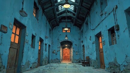 Anime background Eerie abandoned asylum hallway padded cells yawning emptily creepy whispers resonating hollowly