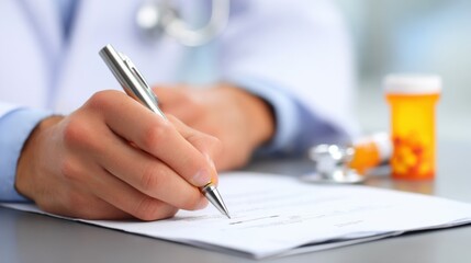 A healthcare professional is intently writing a prescription in a clinical environment. A medication bottle is positioned next to the papers, indicating a patient consultation.
