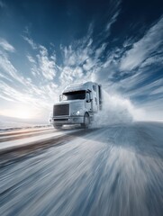 white semi truck driving on highway under blue sky leaving dust trail