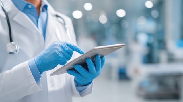 A healthcare professional wearing a white coat and blue gloves engages with a tablet, focused on electronic records in a modern hospital environment filled with activity.