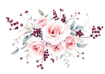 Elegant watercolor arrangement of pink roses and berries Isolated on transparent background