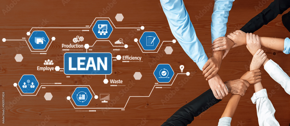 Poster an engaging visual representation of teamwork centered around lean principles, highlighting the impo