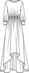 Vector CAD drawing of asymmetric hem long dress with floral belt detail, long sleeves, fitted waist, and round neckline