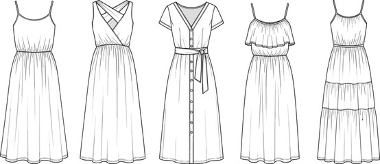 Vector CAD sketch of five women’s dresses featuring varied necklines, straps, ruffle and tiered details, gathered waists, front views