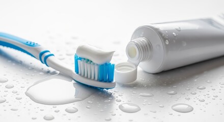 A close up of a toothbrush with toothpaste and a tube on a wet white surface in a well lit scene
