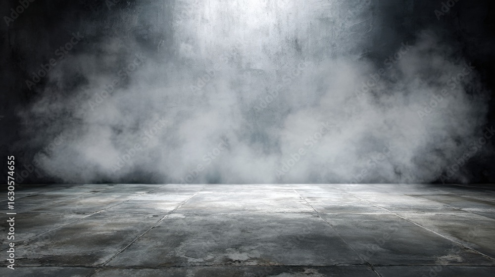 Poster a dimly lit, empty urban setting features a smooth concrete floor and a central spotlight illuminati
