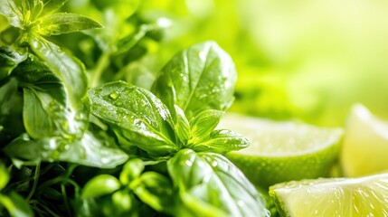 Obraz premium Fresh Green Herbs and Lime Slices on a Vibrant Natural Background