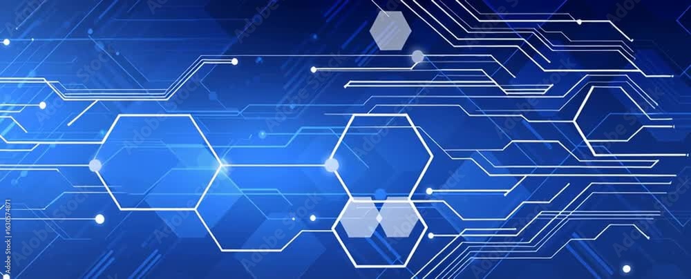 Poster blue technology background with white lines and geometric shapes, high-tech vector banner design for