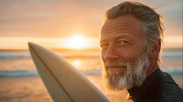 happy senior surfer holding surf board on the beach at sunset  focus on face no logos no brands ar 169 - Powered by Adobe