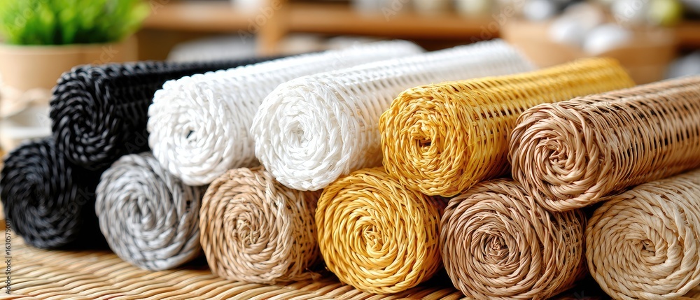 Poster colorful rolls of rattan and wicker fabric are neatly displayed on a table, showcasing various shade