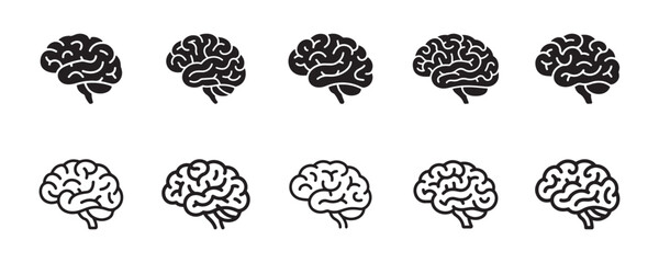 Human Brain Icon Set &mdash; Minimalist Line & Silhouette Brain Symbols on White Background

