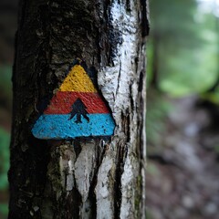 Fototapeta premium Trail marker painted on a tree, forest path fades in background, used for navigation