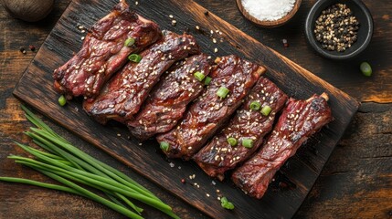 Delicious Grilled Meat Dish with Herbs and Seasoning on Wooden Board