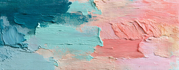 Fototapeta premium Wide brushstrokes of turquoise and peach oil paint blend together on canvas, creating an abstract textured background with visible brush marks