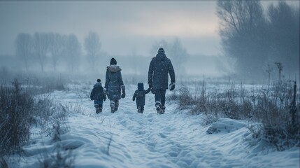 father and mother with two small children in winter nature walking in the snow no logos no brands ar 169