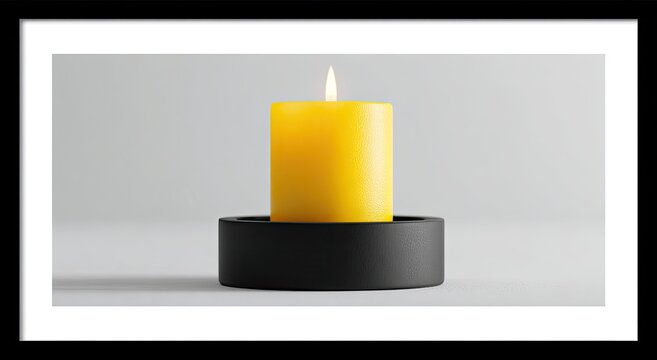 Single yellow candle in black circular holder