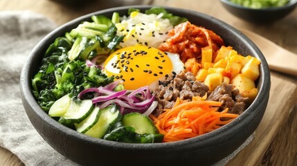 Colorful Korean Bibimbap Bowl with Fresh Vegetables and Egg