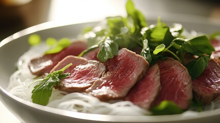 Freshly Sliced Beef on Rice Noodles Garnished with Green Herbs