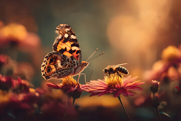 A whimsical miniature scene of tiny figures on a mossy, natural landscape.