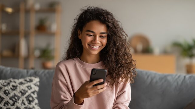 happy hispanic teen girl holding cell phone using smartphone device at home smiling young latin woman blogger subscribing new social media buying in internet ordering products online in apps no logos