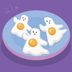 Ghost Shaped Fried Eggs on Plate – Spooky Breakfast Vector