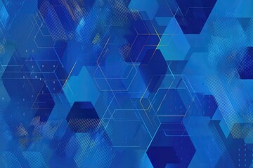 Abstract geometric pattern of overlapping hexagons in shades of blue, with golden lines and digital elements
