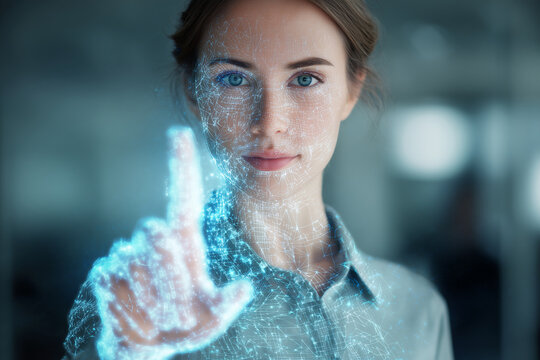 A woman is pointing at a screen with a blue finger