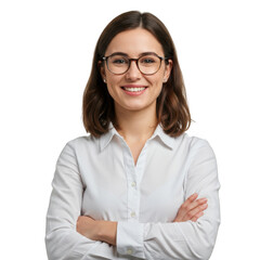 Obraz premium Smiling young professional woman wearing glasses and a white button up shirt with arms crossed isolated on transparent background
