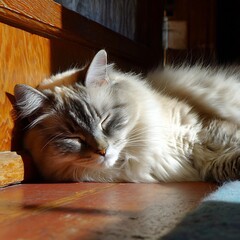 Resting Cat in Sunlight: A peaceful moment captures a long-haired cat blissfully napping in the warm glow of sunlight, its soft fur illuminated in this portrait of feline tranquility.
