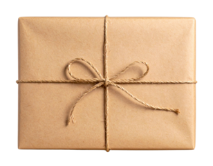 Rustic Brown Paper Wrapped Gift with Twine Bow, Front View, Isolated on Transparent Background