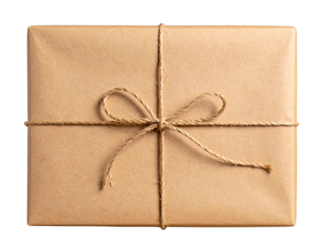 Rustic Brown Paper Wrapped Gift with Twine Bow, Front View, Isolated on Transparent Background