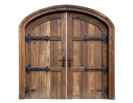 Rustic Wooden Gate with Wrought Iron Hinges, Front View, Isolated on Transparent Background