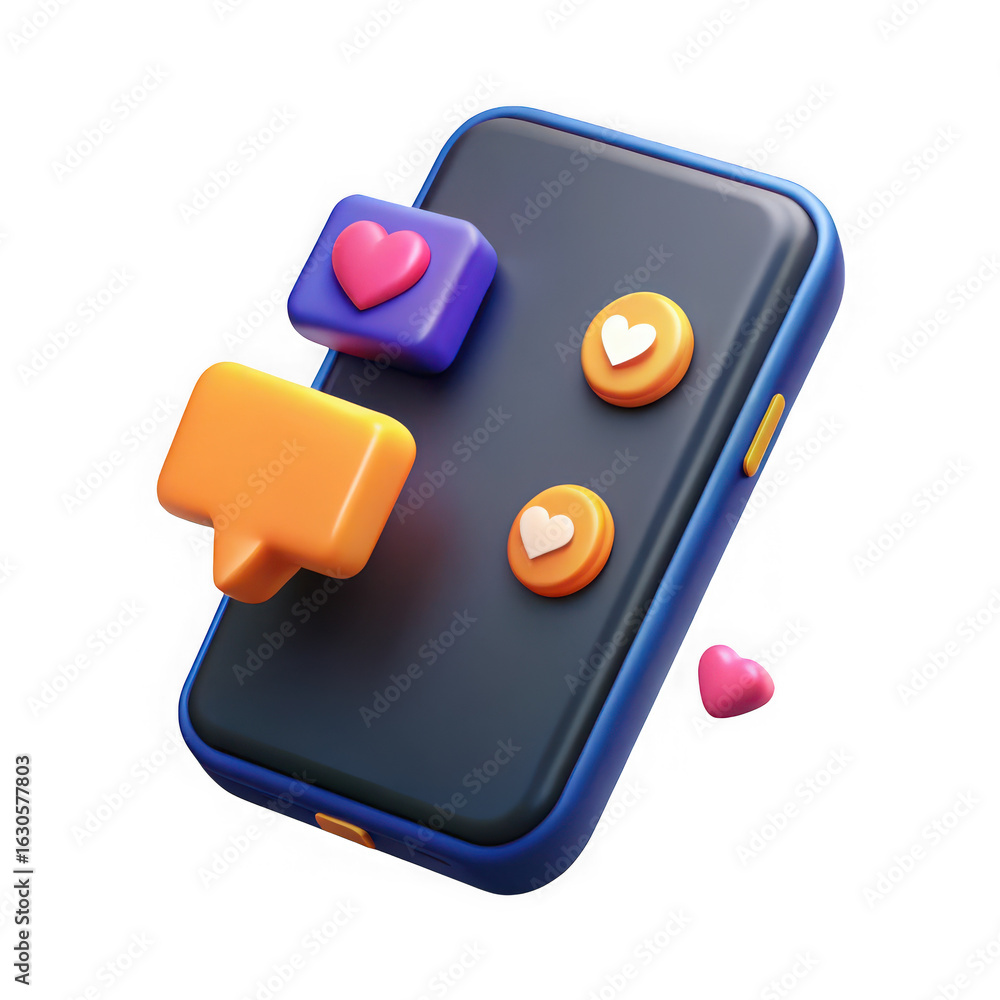 Poster 3d illustration of a 3d rendering of a smartphone with floating heart and message icons representing