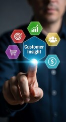 Man'S Finger Activates Digital Screen Showing Customer Insight Icons For Growth And Sales