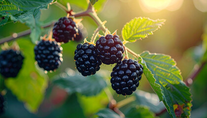 Ripe blackberries growing on branch. Tasty and healthy berry. Organic product. Close-up.