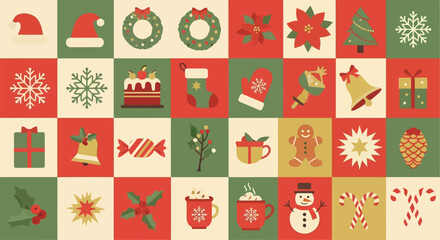 Vector illustration of a festive christmas holiday pattern featuring various icons like santa hats, snowflakes, gifts, and gingerbread men in red, green, and cream colors