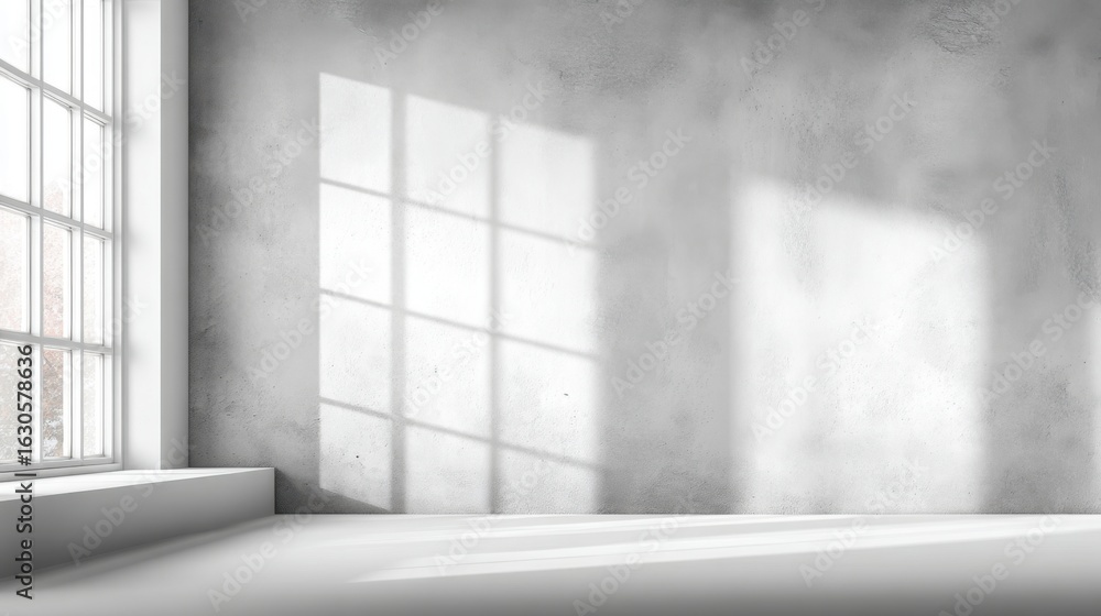 Aufkleber sunlight streams through large windows, casting soft shadows on the bare concrete walls of an empty 