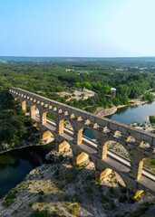 Pont du Gard, ancient Roman aqueduct bridge built in the first century AD crossing river Gardon in southern France, a world heritage site
