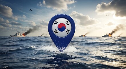 South Korea naval conflict concept with marker, warships, and burning vessels