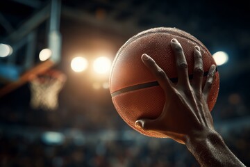 Basketball player’s hand gripping a ball near the hoop during a game.