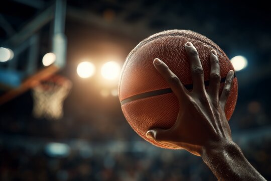 Basketball player’s hand gripping a ball near the hoop during a game.